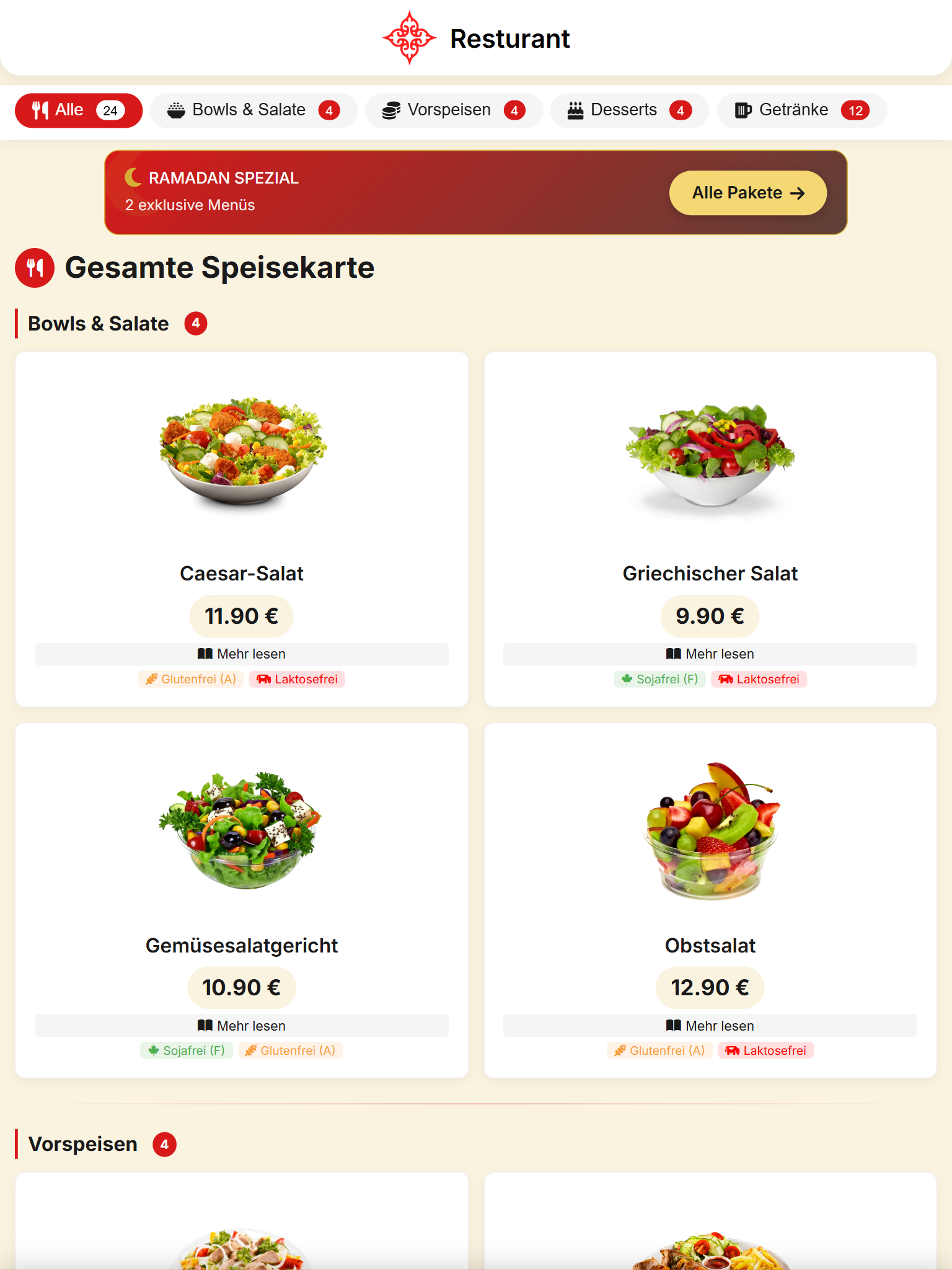 Tablet Menü Ansicht